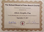 Certificado de Reconocimiento por parte del Distrito Escolar del Condado Palm Beach.